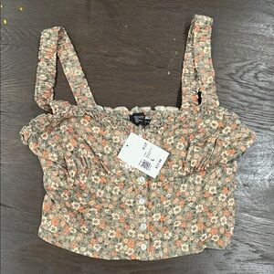 Forever 21 Floral Button-Up Crop Top - Orange and Cream